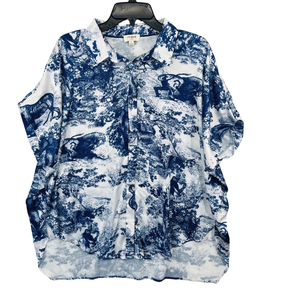Umgee Toile Cottagecore Blouse Size L Blue White Animal Print High-Low Button Up